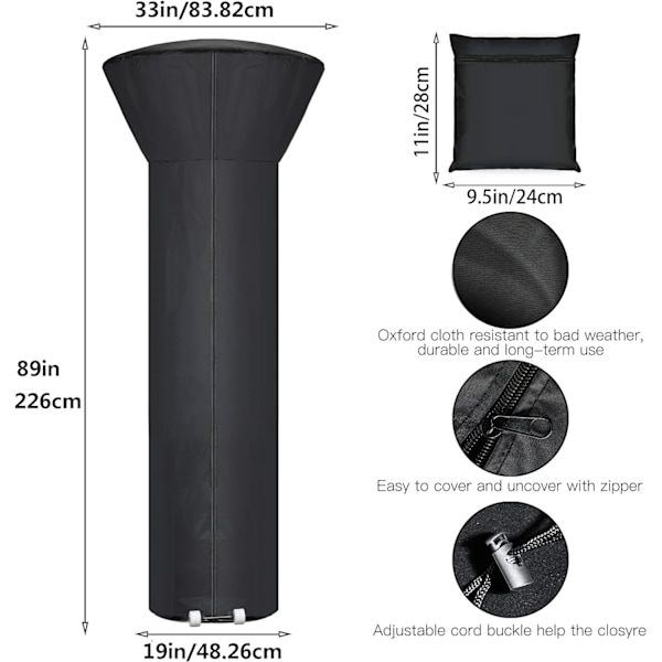 Betræk med lynlås og opbevaringspose, vandtæt, støvtæt, vindtæt, soltæt, snebeskyttet, sort, 89\" H x 33\" Dome x 19\" Base black