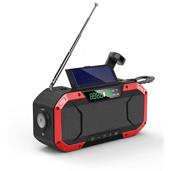 Vevradio med solceller ficklampa och 5000mAh powerbank SOS FB580-Red