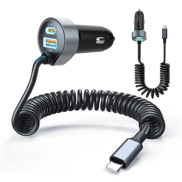 USB C Biloplader 65W med 1,5M Spiralkabel til iPhone 16, PD QC3.0-FA-