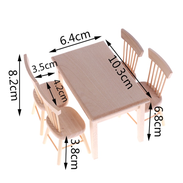 1 sæt spisebord og stole i model 1:12 til dukkehus, miniaturemøbler i træ