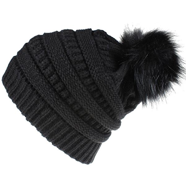 Mote retro hodeplagg kvinnelig ensfarget ullkule strikket lue black
