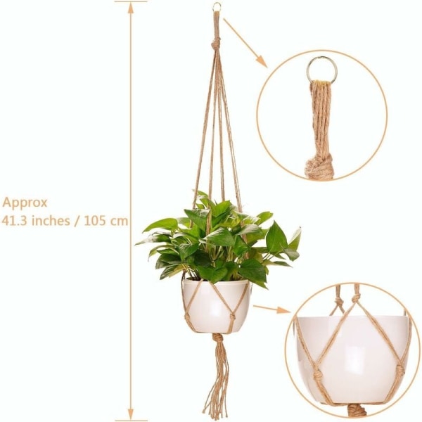 Set med 4 Macrame växthängare rep växtkrukhållare hängande växthängare inomhus utomhus trädgårdsdekoration med - 2 stycken 105cm och 2 stycken 90cm