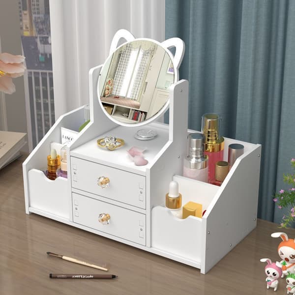 A Luxurious White Wooden Cosmetic Storage Box, with Large Capacity, Multifunctional Design, Drawers, Dustproof Lid, and Mirror-FA-