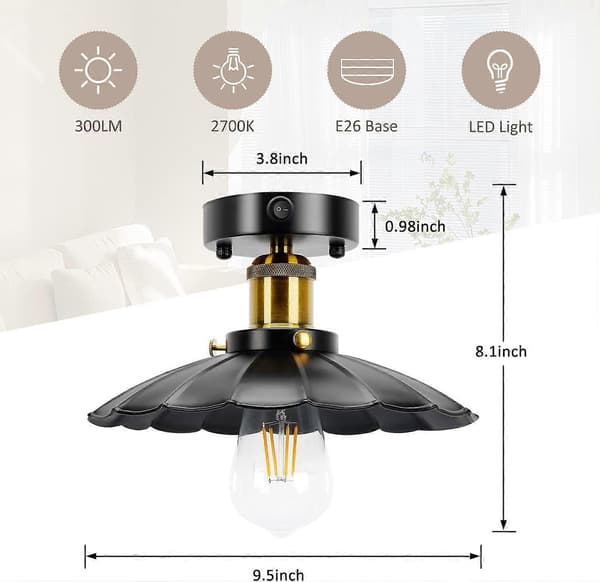 12V RV Vintage Ceiling Light (1E26 Bulb Included), 3000K 12 Volt RV Light with On/Off Switch-FA-