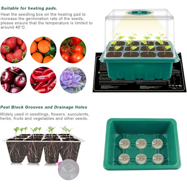 5-delt mini-drivhus for planteformering med sollignende fullspektrum plantelamper, med lokk og ventilasjon, 10 etiketter, 2 verktøy