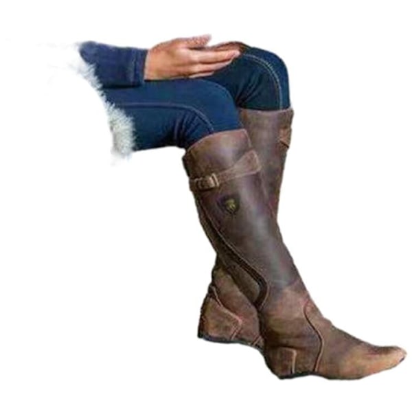 Naisten Chunky Matala Korko Saappaat Polvikorkeat Saappaat Brown-XF7- Brown 39