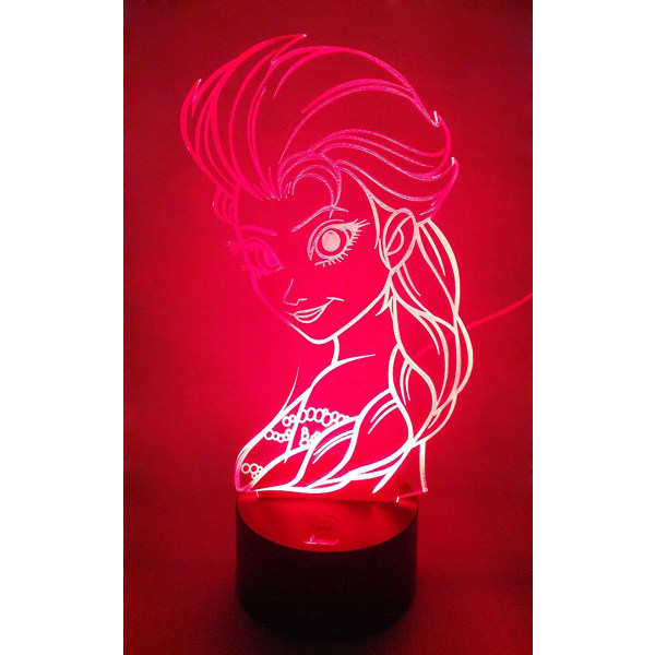 Princess Elsa 3D Nattlampa LED Illusion Lampa Sängbordsbordslampa, 7 färgskiftande lampor med platt akryl & ABS-bas och USB laddare