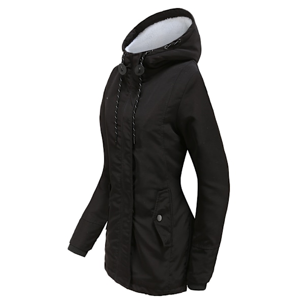 Dame Vinter Varmt Sherpaforet Jakke Heavy Parka Coat med Hætte Sort Black L