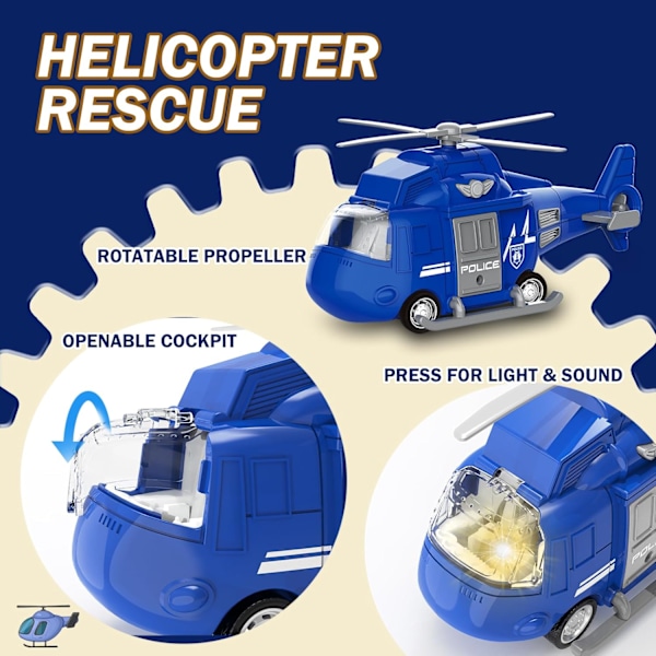 Brannbil-, Ambulanse-, Politibil- og Helikoptersett, Lekebilsett med Lys og Lyd, Friksjonsdrevne Biler