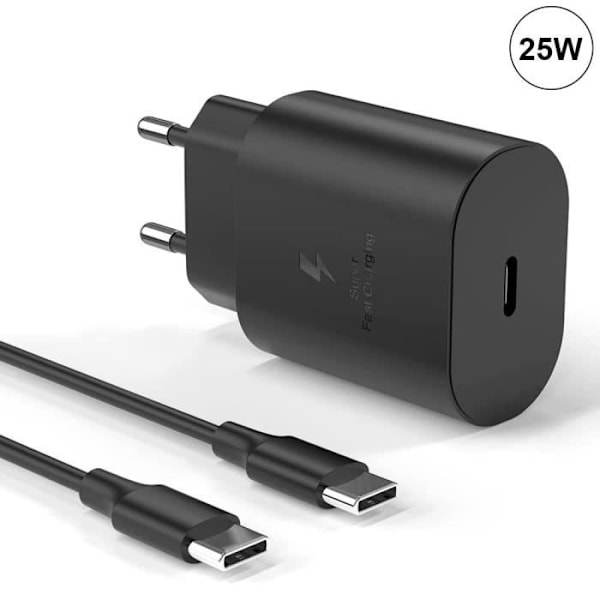 25W USB-C oplader sort + 1M USB-C til USB-C kabel til Samsung Galaxy A15 A05 A05s A25 A35 A55 Svart