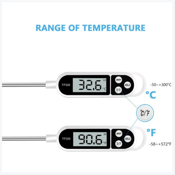 Digitalt stegetermometer Husholdningstermometer Ovns termometer Madlavningstermometer, lang sonde, korrosionsbestandig, °C/°F omskiftelig til køkken, grill/grill