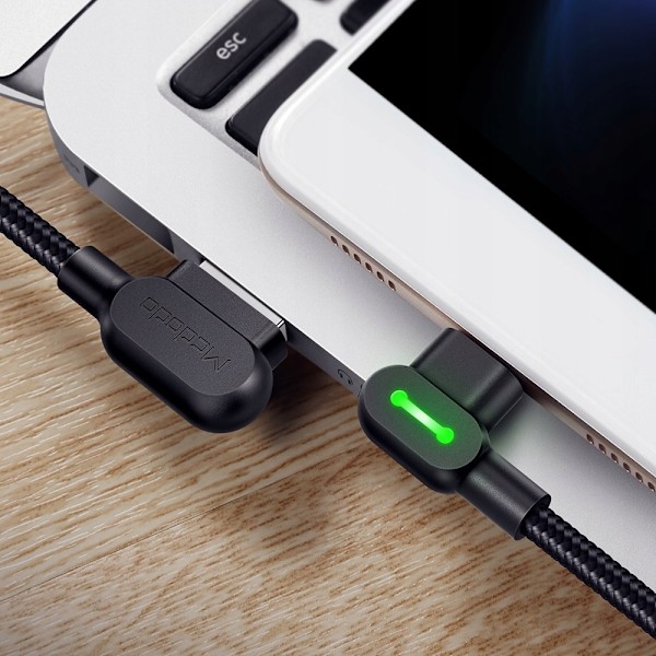 MCDODO Vinkelkabel 90° Micro USB Snabbladdning Dubbelsidig QC 3 LED 2M