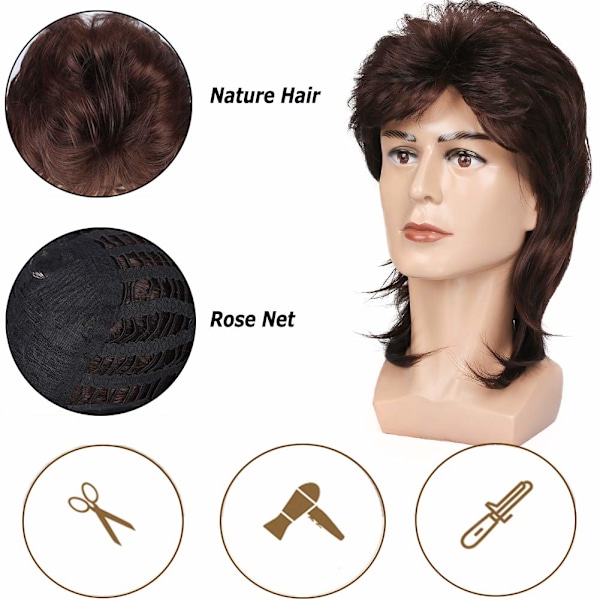Mulletparykker for menn 70-tallet 80-tallet Maskeradedrakter Herr Brun Fancy Party Acc
