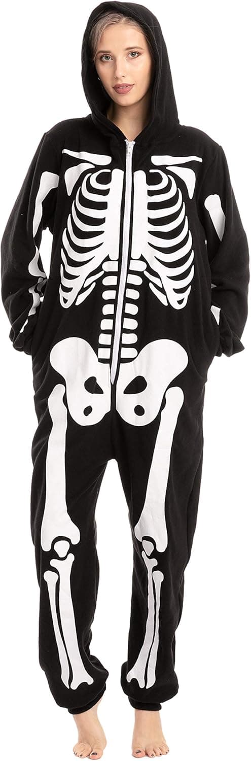Skelet Hættetrøje Pyjamas Onesie til Voksne - Sort Halloween Kostume-FA-