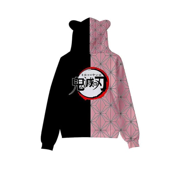 Unisex Demon Slayer trykte hættetrøjer sweatshirt Casual Pullover Katteøre Hættetrøje Toppe Sort Black-FA- Black S