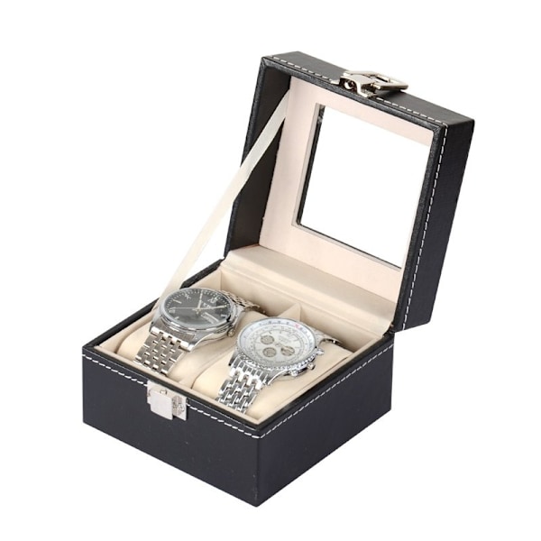 Elegant Klockbox i PU-Läder, 2 Klockor, Akrylfönster black 276