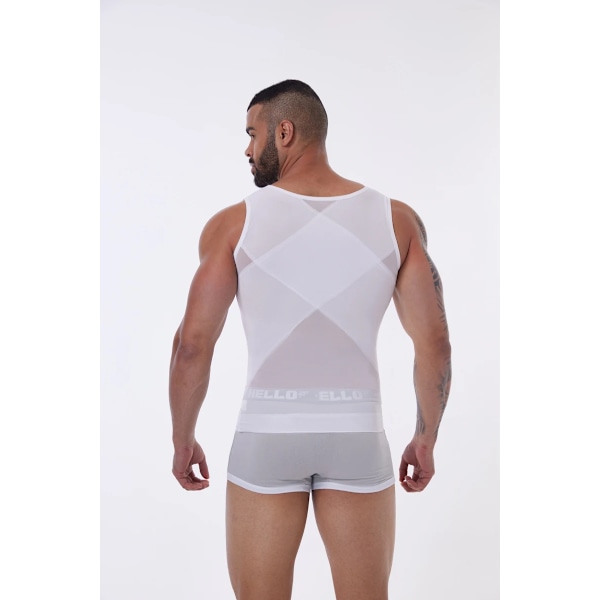 Kompressionsskjorte til mænd, slankende undertrøje, kropsformer, undertrøje, gynomastika, ærmeløs shapewear-vest, mesh-korset, HVID-FA3- WHITE M