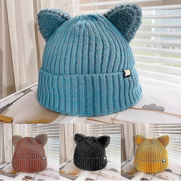 Kawaii Kattöron Mössa Söt Solid Färg Varm Ull Stickad Mössa Höst Vinter Beanies Beige
