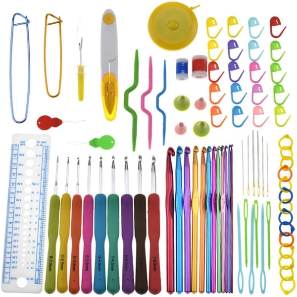 Virka nål set, 85 delar virkningsverktyg, ergonomisk stickning