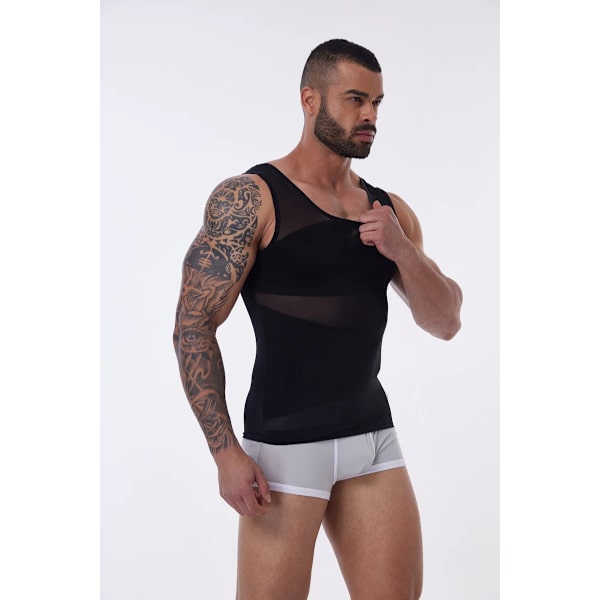 Kompressionsskjorte til mænd slankende undertrøje kropsformer tanktop Gynomastica ærmeløs shapewear vest mesh korset Black-FA3- Black XL