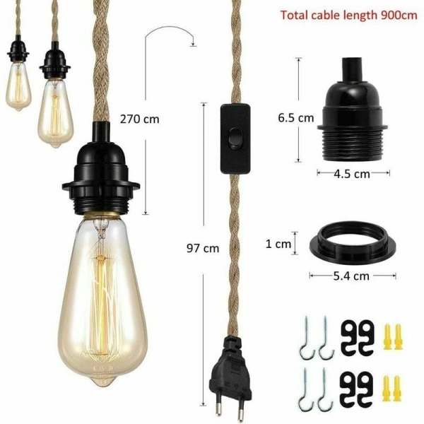 DIY-hampparep-textilgarn-ljuskrona 3×E27 med strömbrytare 9 meter tråd matbord café vardagsrum