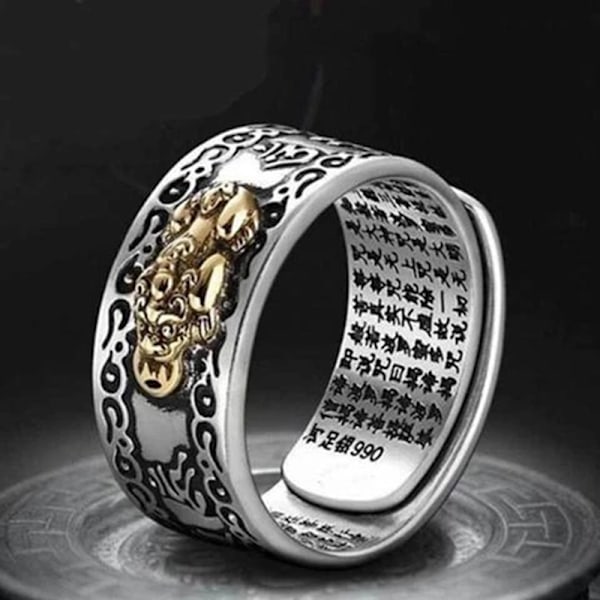 Feng Shui Pixiu Mani Mantra Beskyttelse Rigdom Ring Amulett Rigdom Lykke Åben Justerbar Ring Buddhistisk Smykker Ring default