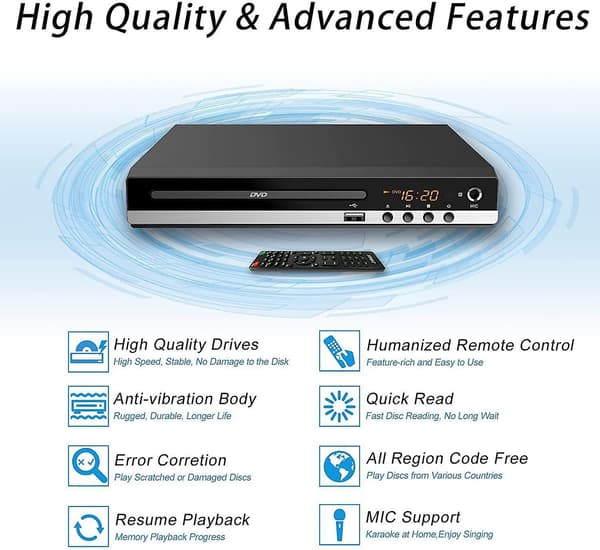 HDMI DVD-soitin televisiolle, aluevapaa RCA- ja HDMI-kaapeleilla -FA-
