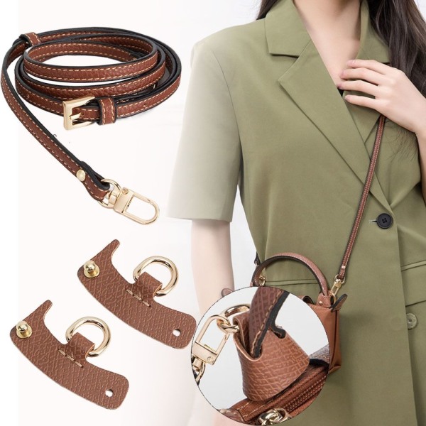 Transformation af taske tilbehør til Longchamp mini taske remme stansfri skulderrem i ægte læder Crossbody Conversion Hængespænde Brown-silver Strap