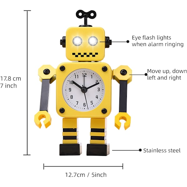 Robot-herätyskello, hiljainen ruostumattomasta teräksestä valmistettu herätyskello vilkkuvilla valoilla