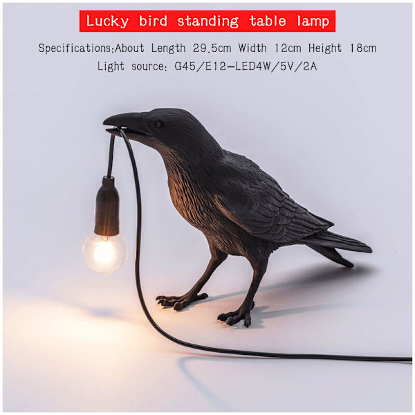 Kråkelampe, skrivebordslampe, lykkelig fuglelampe, minimalistisk fuglestatue, fuglelampe, moderne interiør, gave til bondegårdsdekor
