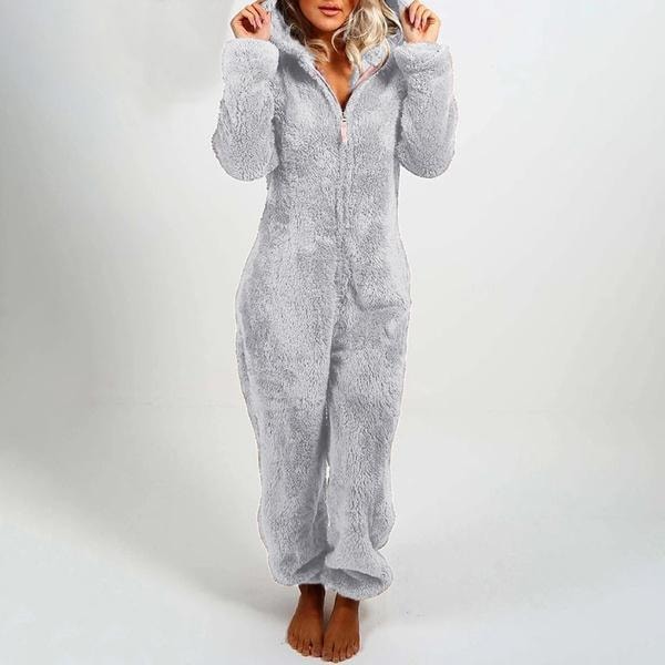 Höst/vinter pyjamas med huva för damer med plysch tjock plysch jumpsuit Björnbyxor Hemdräkt Overall ytterkläder Grey