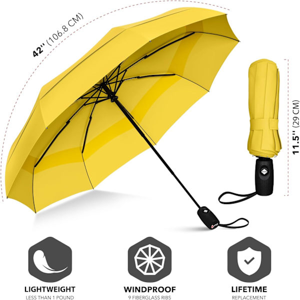 Repel Paraply Tuulenkestävä Sateenvarjo - Helppo Automaattinen Avaa ja Sulje, Kestävä & Kompakti Sateenvarjo, Vahva Lasikuitukehys, Vedenpitävä Katto Yellow