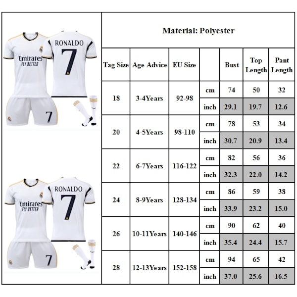 Fodboldtrøje børn nr 7 Vinicius fans fodboldtrøje kit hjemmebanebørn drenge trøje træningsdragt trøje+shorts+strømper 8-9Years