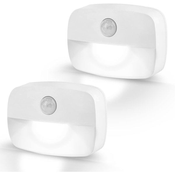 Led nattlampa, 2-pack rörelsesensorlampor inomhus, stick på nattlampa med batteridriven, nattlampa för barn i sovrummet, automatisk ON/OFF, vit