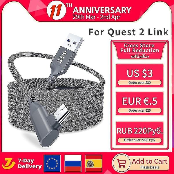 För Oculus Quest 2 Link-kabel 5m USB 3.0 snabbladdningskablar-FA-