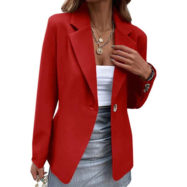 Kvinners Blazer med En Knapp Kåpe Langærmet Jakke Business Casual Slim Fit Yttertøy Rød Red XL