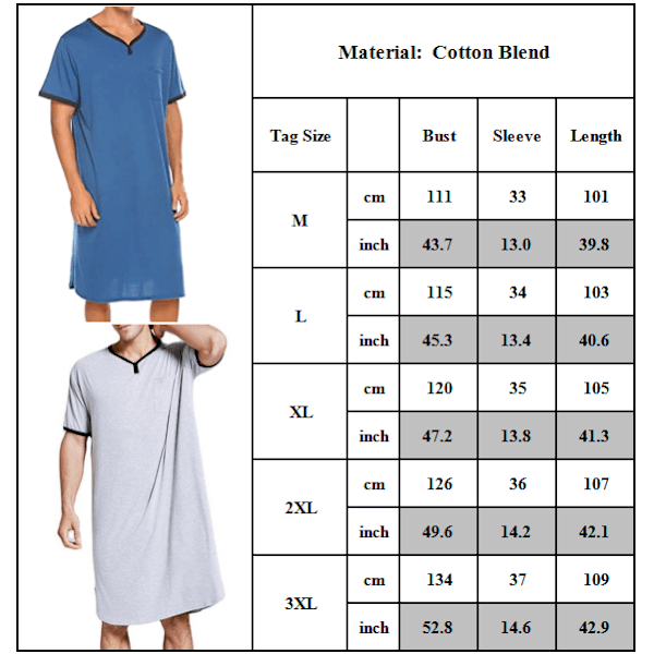 Herrpyjamas Casual Kortærmet Lang Natskjorte Blød Nattøj Grå L grey