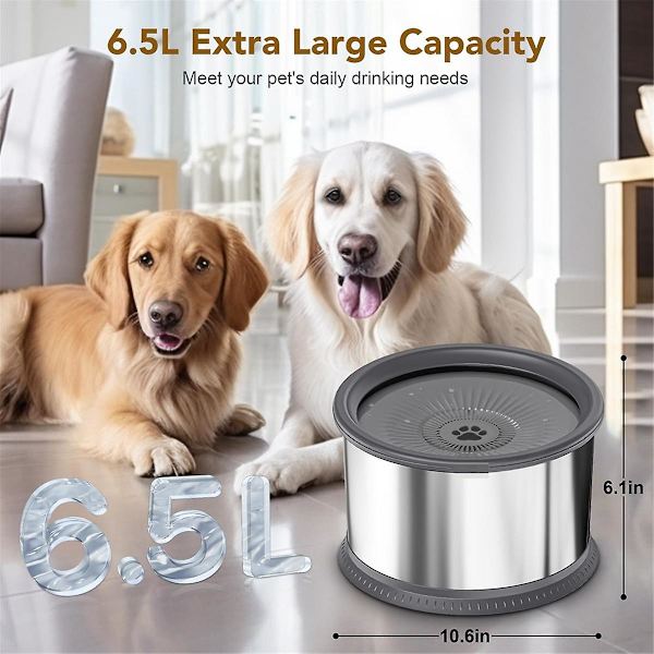 6,5L Vandbeholder til Hunde, 1,6 Gallon, Ekstra Stor Kapacitet, Spildfri, Rustfrit Stål