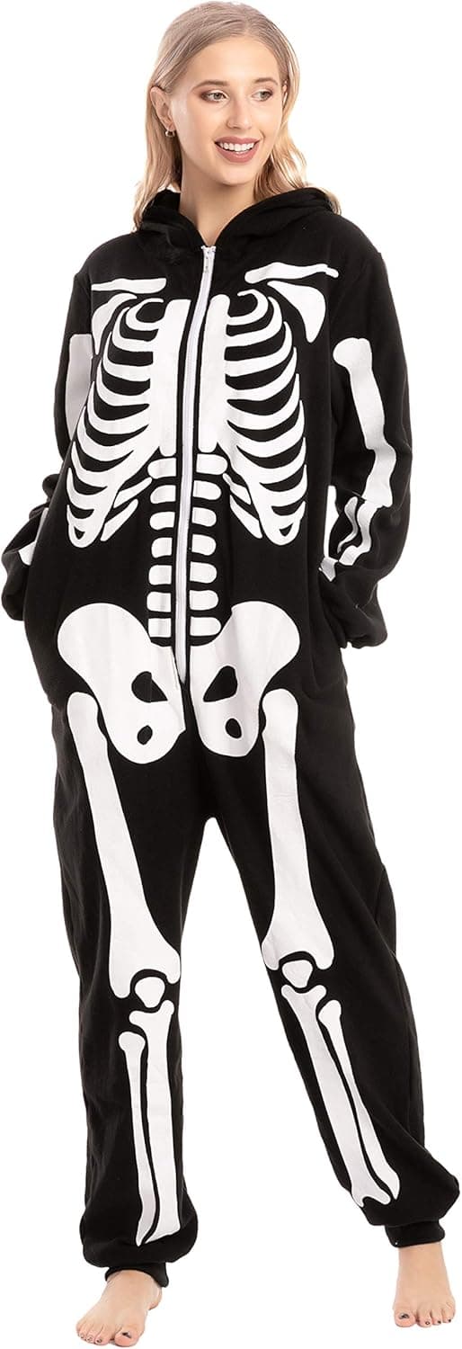 Skelet Hættetrøje Pyjamas Onesie til Voksne - Sort Halloween Kostume-FA-