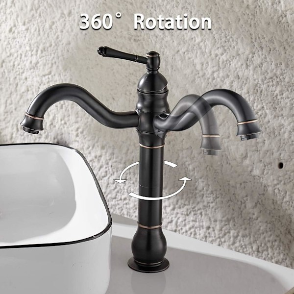 Hög badrumskran 360° roterbar blandare, retro klassisk badrumskran mässingsblandare, svart, kran
