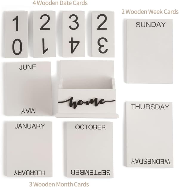 Evighetskalender i trä, Söt månad vecka datum display dagliga skrivbords träklossar, Återanvändbar årlig, Vit k-FA- White Calendar