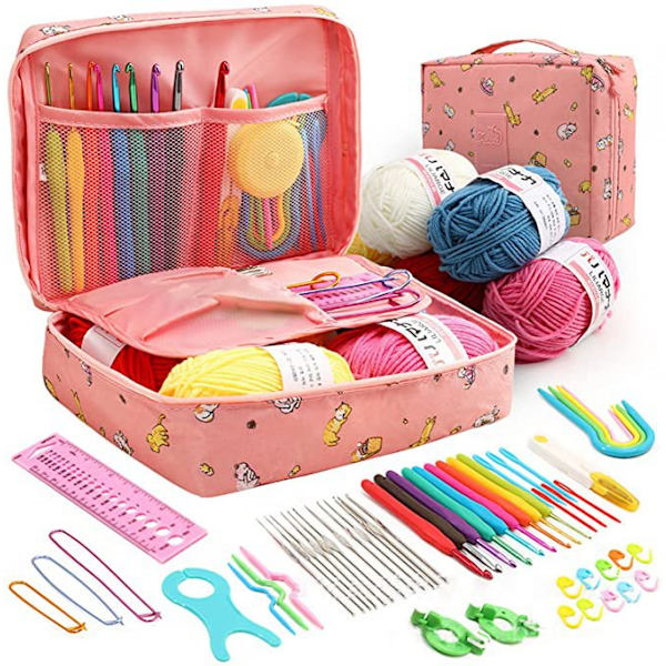 Varm ull virkningskit förvaringsväska ergonomisk stickning virknålar set garn sömnad rosa pink