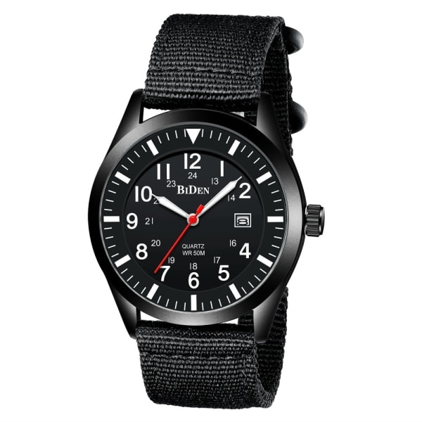 Herrar Militärklockor för Män Analog Kvartsklocka Militärklocka för Män Vattentäta Armbandsklockor Datum (Svart Skal Svart Urtavla Svart Nylonrem)
