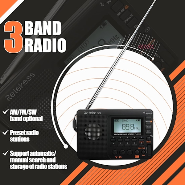 V115 Digital Bärbar Radio, AM FM Personlig Transistorradio, Stöd för TF-kort med inspelare, MP3-spelare, Sömntimer (Svart)