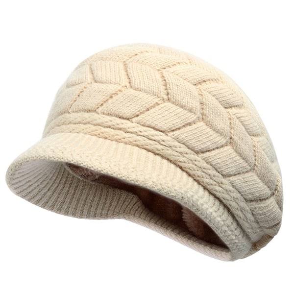 Women Winter Warm Knit Hat Wool Snow Ski Caps with Visor-Beige