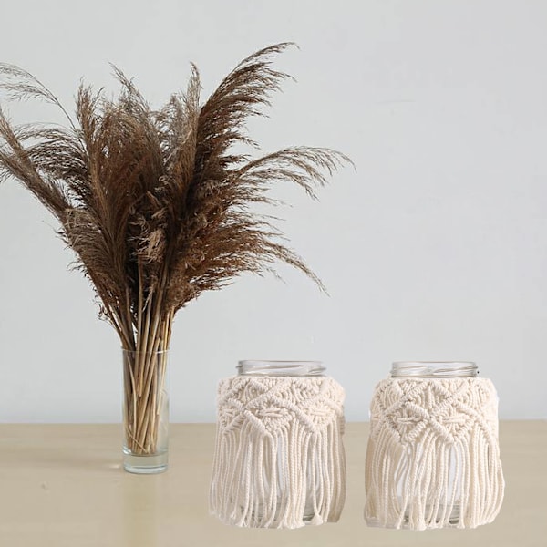 Makramé Lysholder Girlang, 2 stk. Teelys Dekorative Lys, Beige Boho Dekorativ Balkon til Lys og Tørrede Blomster (A)
