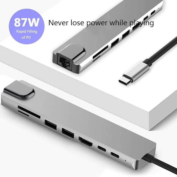 USB-C-keskus 8-in-1 moniportti-tyyppi C-sovitin 4K HDMI-portin kanssa...... silver 78