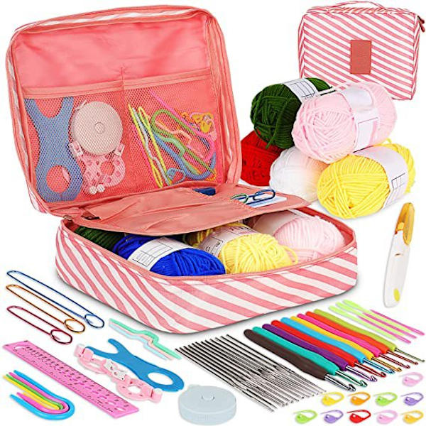 Varm ull virkningskit förvaringsväska ergonomisk stickning virknålar set garn sömnad rosa pink