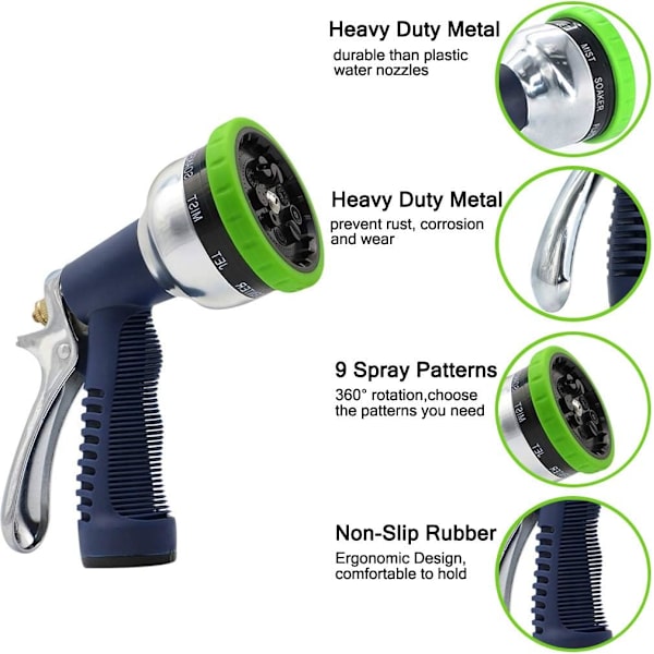 Hageslangemunnstykke Heavy Duty Spray 9 Justerbare mønstre Metall