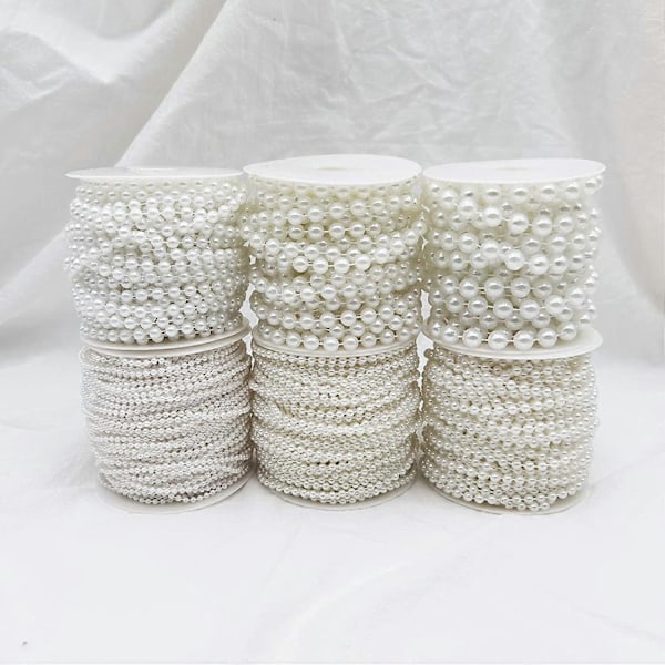 6MM Falske Perler Girlander Perlestreng Rull for Bryllup Fest Dekorasjon (Hvit, 18M)-XF7-